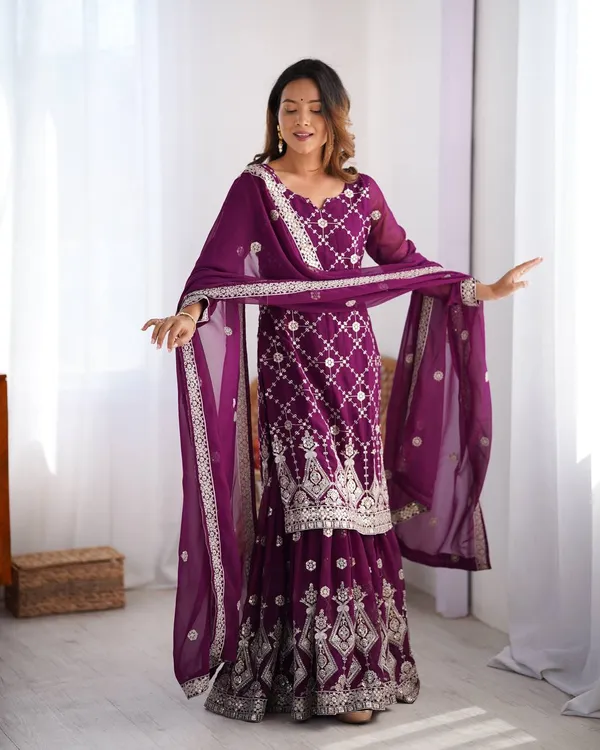 PURPLE_FAUX_GEORGETTE_EMBROIDERED_GHARARA_SALWAR_SUIT_WITH_DUPATTA
