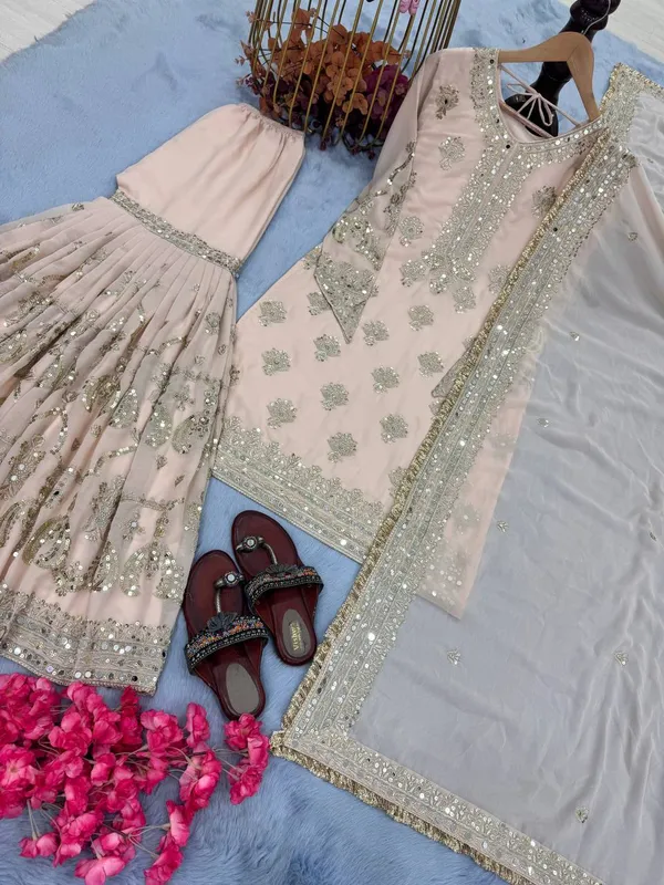 Peach_Georgette_Sequence_Embroidery_With_Real_Mirror_Hand_Work_Gharara_Salwar_Suit_With_Dupatta