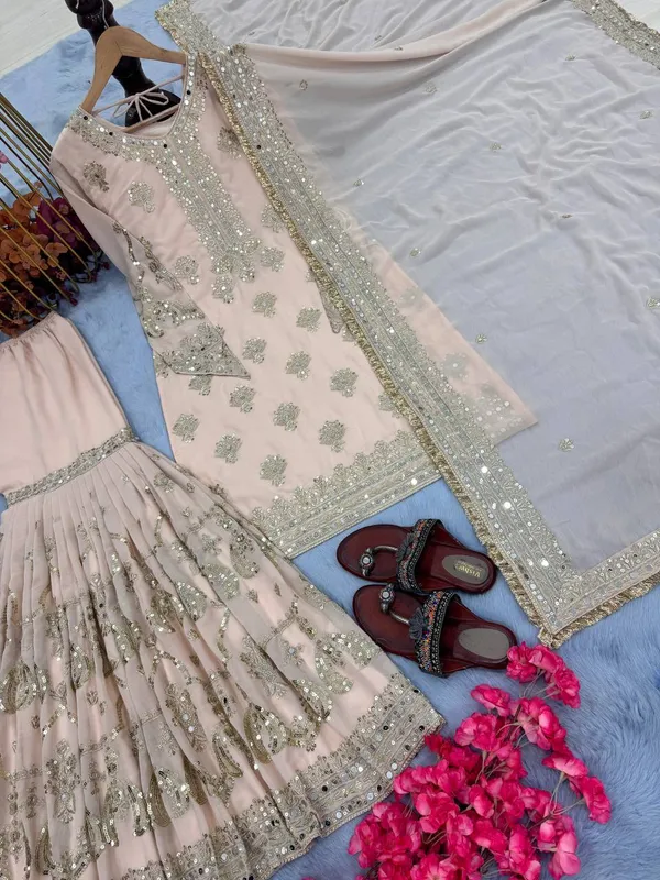 Peach_Georgette_Sequence_Embroidery_With_Real_Mirror_Hand_Work_Gharara_Salwar_Suit_With_Dupatta