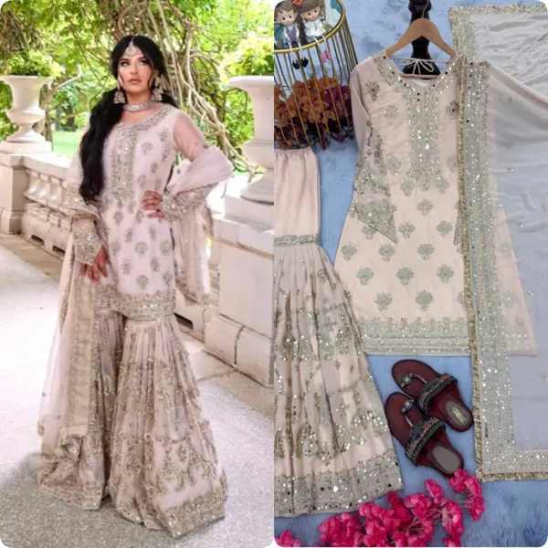 Peach_Georgette_Sequence_Embroidery_With_Real_Mirror_Hand_Work_Gharara_Salwar_Suit_With_Dupatta