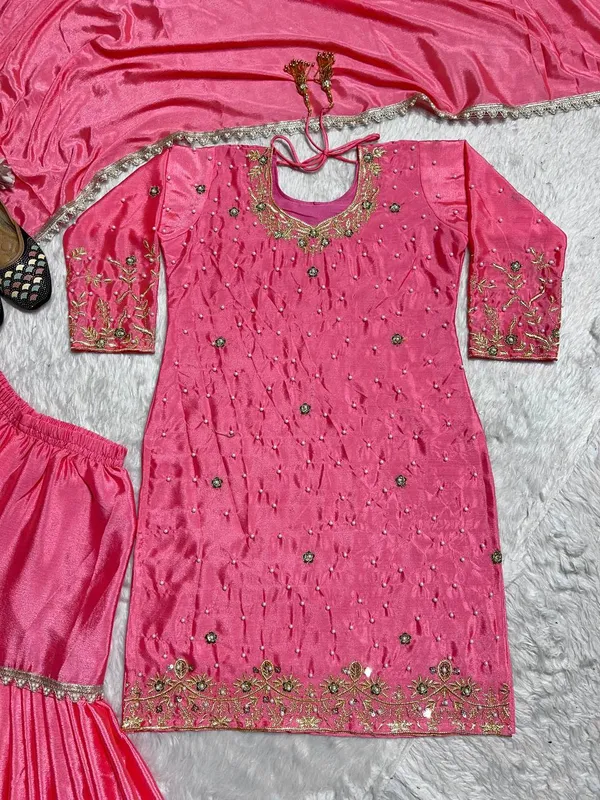 Pink_Chinnon_Silk_Heavy_Embroidery_Moti_Handwork_Sharara_Salwar_Suit_With_Dupatta