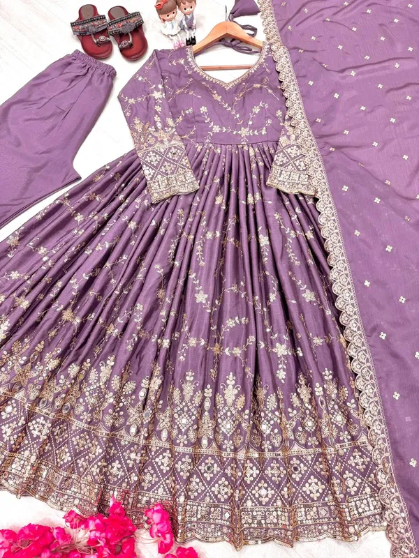 Purple_Pure_Chinnon_Silk_Heavy_Embroidery_&_Mirror_Work_Anarkali_Gown_With_Bottom_Dupatta