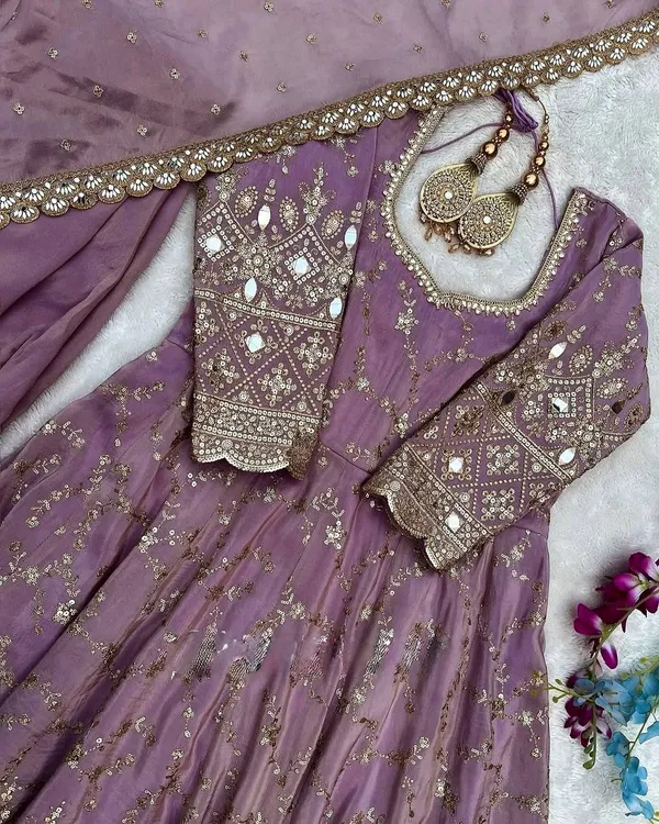 Purple_Pure_Chinnon_Silk_Heavy_Embroidery_&_Mirror_Work_Anarkali_Gown_With_Bottom_Dupatta