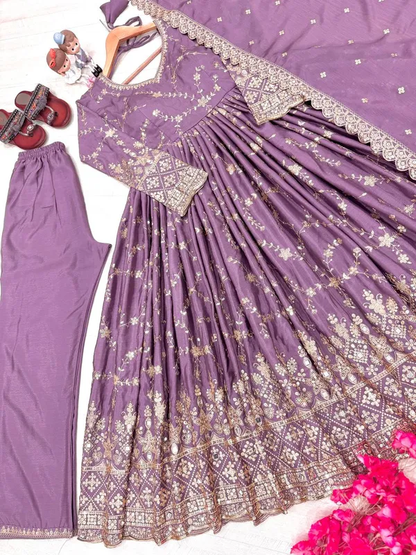 Purple_Pure_Chinnon_Silk_Heavy_Embroidery_&_Mirror_Work_Anarkali_Gown_With_Bottom_Dupatta