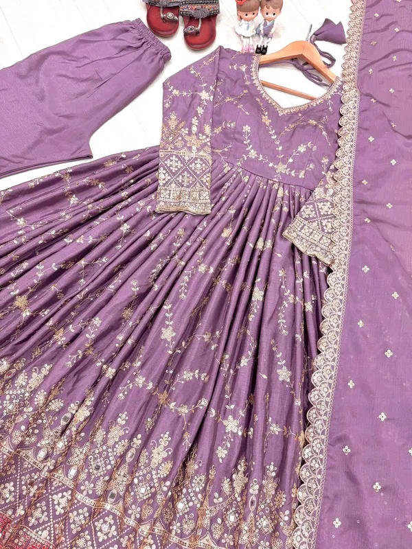 Purple_Pure_Chinnon_Silk_Heavy_Embroidery_&_Mirror_Work_Anarkali_Gown_With_Bottom_Dupatta
