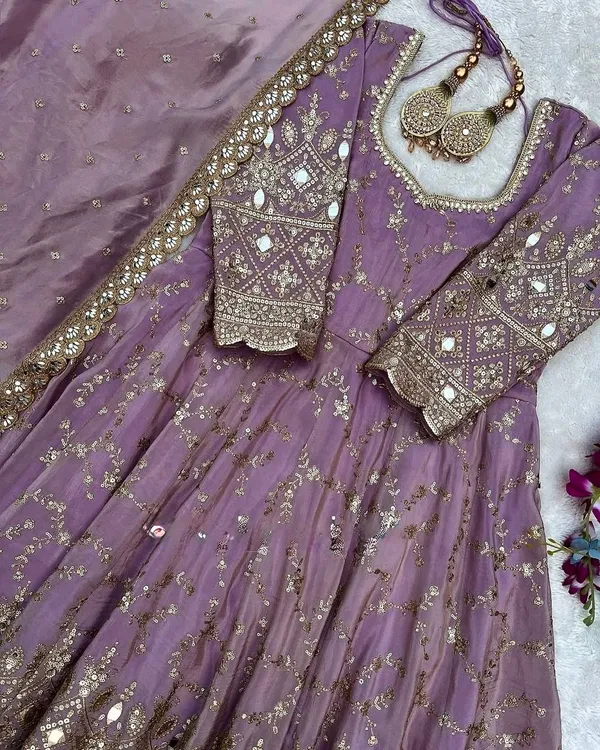 Purple_Pure_Chinnon_Silk_Heavy_Embroidery_&_Mirror_Work_Anarkali_Gown_With_Bottom_Dupatta