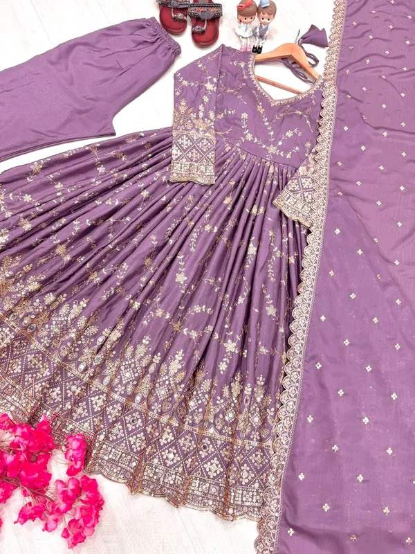 Purple_Pure_Chinnon_Silk_Heavy_Embroidery_&_Mirror_Work_Anarkali_Gown_With_Bottom_Dupatta