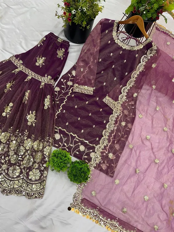 Purple_Twill_Net_Heavy_Sequence_Embroidery_Gharara_Salwar_Suit_With_Dupatta
