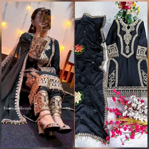 Black_Attractive_Chinnon_Silk_Coding_Sequence_Embroidered_Salwar_Suit_With_Dupatta