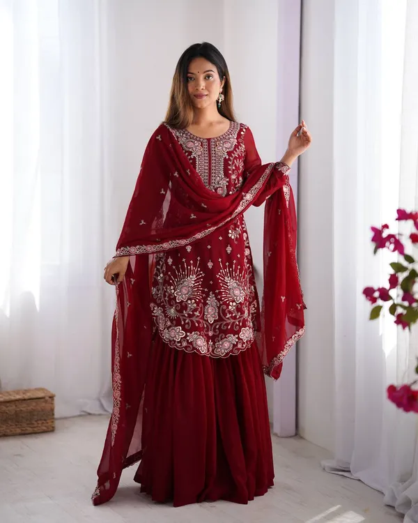 RED_FAUX_GEORGETTE_SEQUENCE_EMBROIDERED_SHARARA_SALWAR_SUIT_WITH_DUPATTA