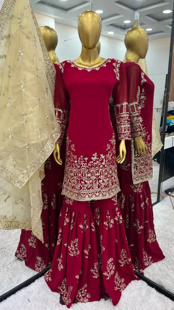 Red_Heavy_Faux_Georgette_With_Sequence_Embroidery_Sharara_Salwar_Suit_With_Dupatta