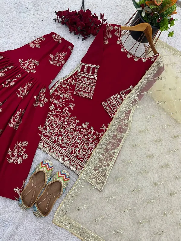 Red_Heavy_Faux_Georgette_With_Sequence_Embroidery_Sharara_Salwar_Suit_With_Dupatta