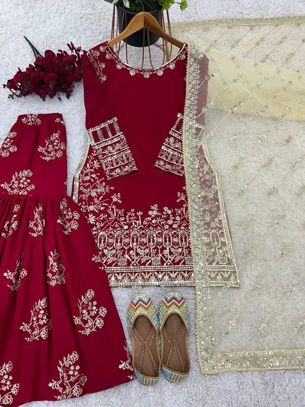 Red_Heavy_Faux_Georgette_With_Sequence_Embroidery_Sharara_Salwar_Suit_With_Dupatta