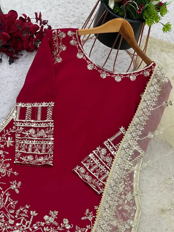 Red_Heavy_Faux_Georgette_With_Sequence_Embroidery_Sharara_Salwar_Suit_With_Dupatta