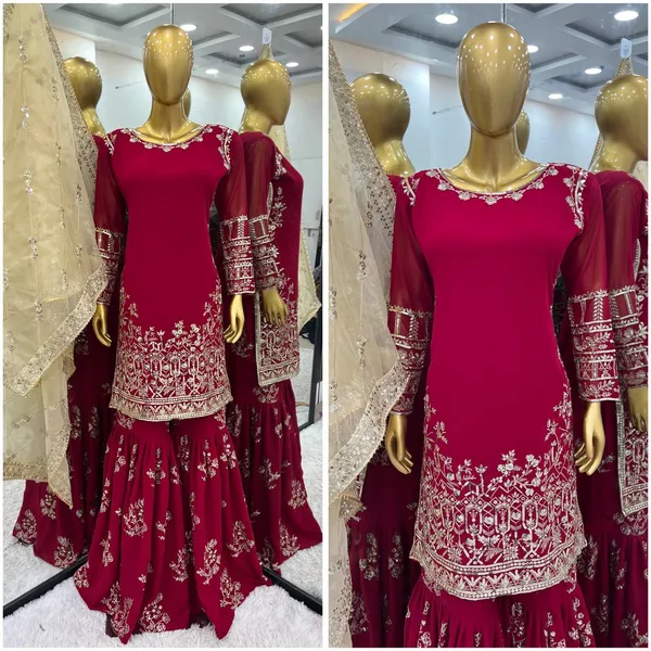 Red_Heavy_Faux_Georgette_With_Sequence_Embroidery_Sharara_Salwar_Suit_With_Dupatta
