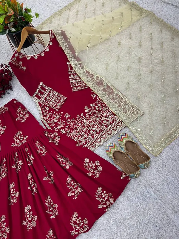 Red_Heavy_Faux_Georgette_With_Sequence_Embroidery_Sharara_Salwar_Suit_With_Dupatta