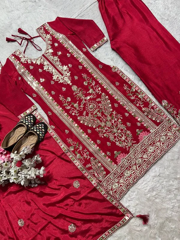 Red_Pure_Chinnon_Silk_Heavy_Coding_Sequence_Embroidered_Salwar_Suit_With_Dupatta