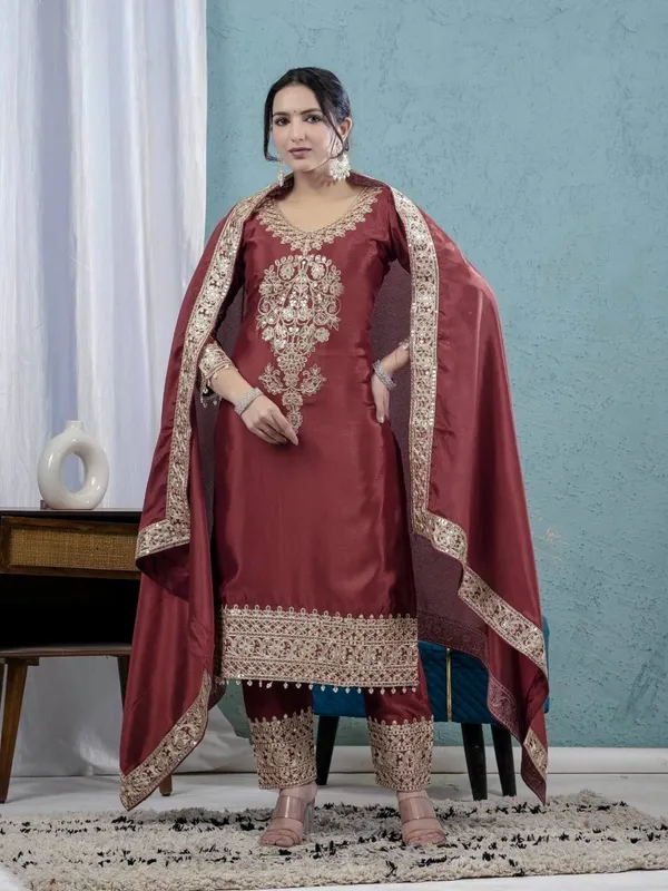 Rust_Color_Pure_Heavy_Chinnon_Silk_Coding_Sequence_Embroidered_Salwar_Suit_With_Dupatta