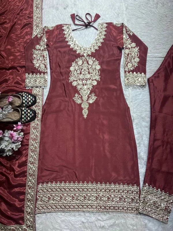 Rust_Color_Pure_Heavy_Chinnon_Silk_Coding_Sequence_Embroidered_Salwar_Suit_With_Dupatta
