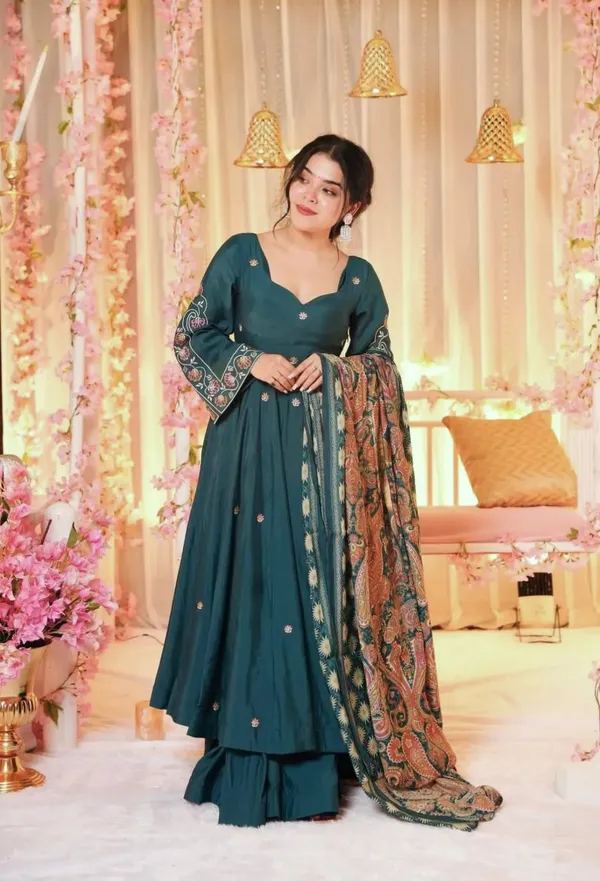 Teal_Pure_Chinnon_Embroidered_Anarkali_Kurta_Set_With_Bottom_And_Dupatta
