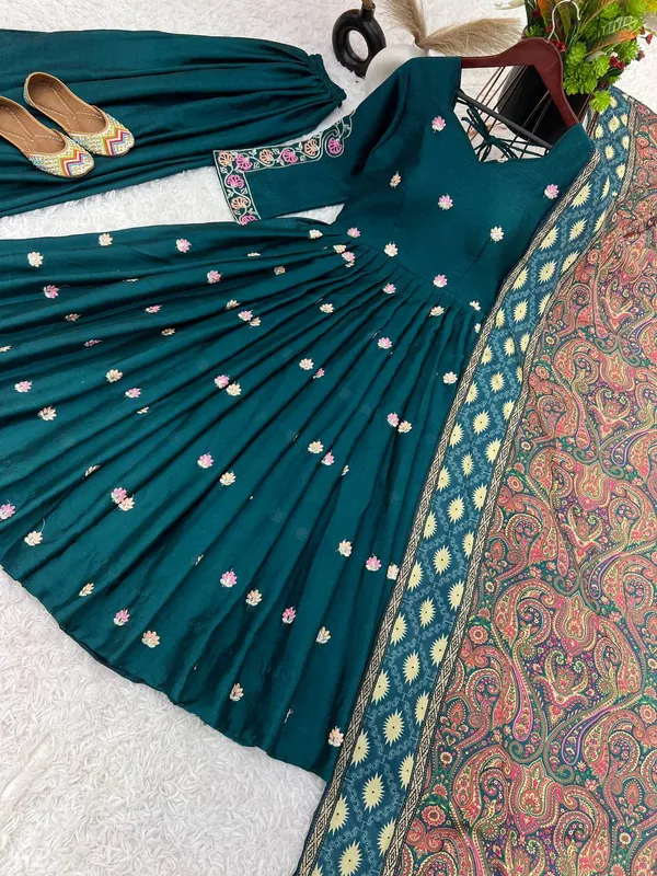 Teal_Pure_Chinnon_Embroidered_Anarkali_Kurta_Set_With_Bottom_And_Dupatta