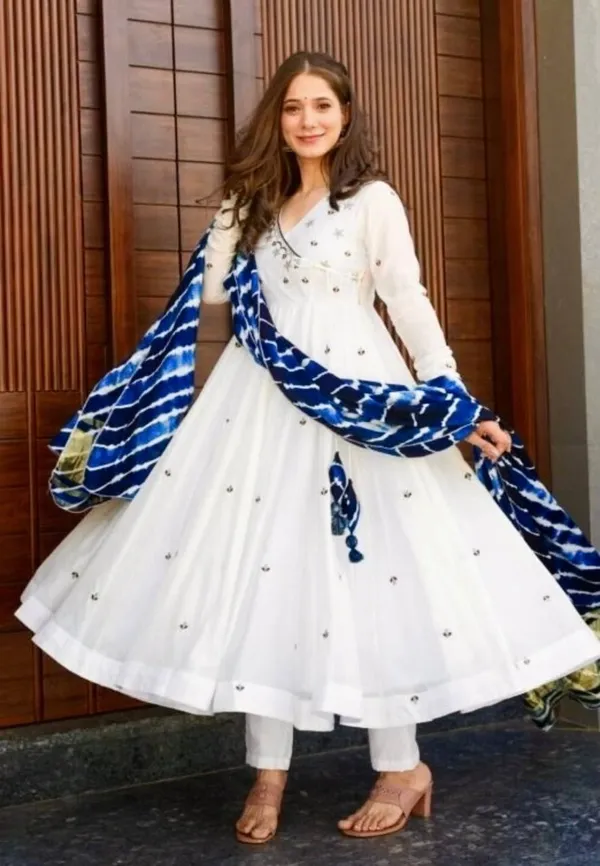 White_Faux_Georgette_Embroidered_Gown_Set_With_Bottom_And_Dupatta