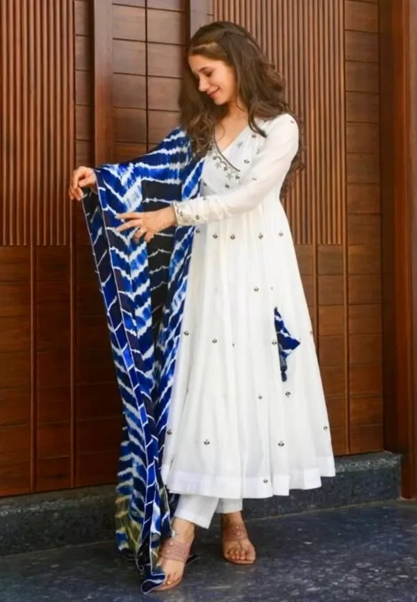 White_Faux_Georgette_Embroidered_Gown_Set_With_Bottom_And_Dupatta