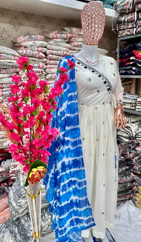 White_Faux_Georgette_Embroidered_Gown_Set_With_Bottom_And_Dupatta