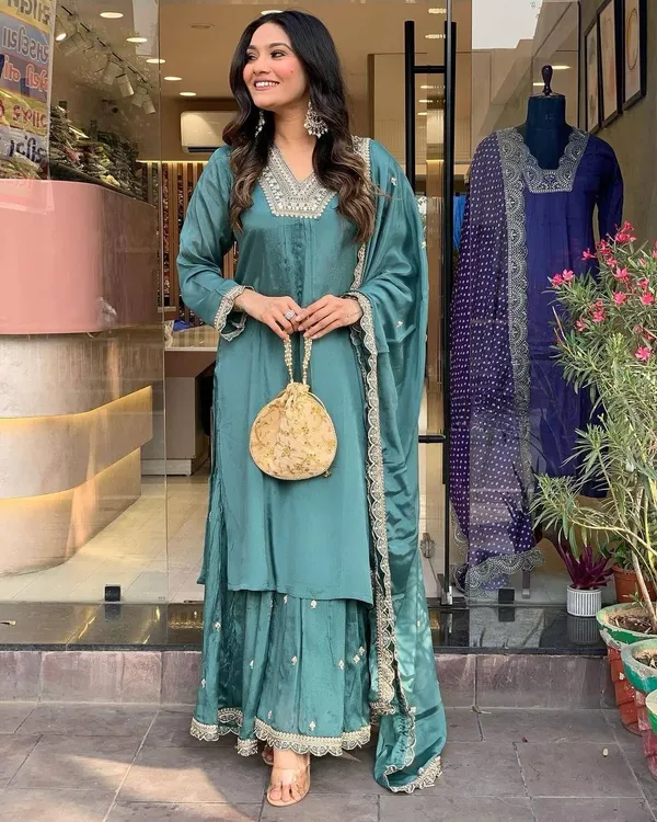 TEAL_CHINNON_SILK_SEQUENCE_EMBROIDERED_GHARARA_SALWAR_SUIT_WITH_DUPATTA