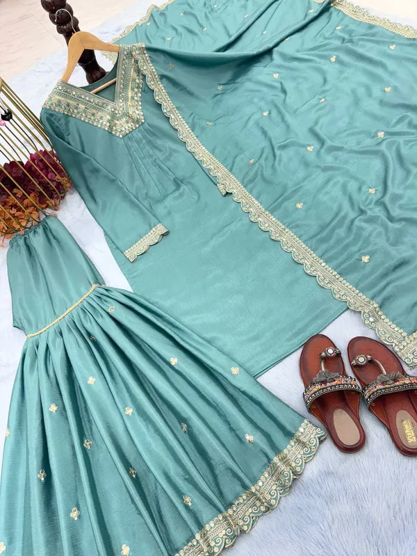 TEAL_CHINNON_SILK_SEQUENCE_EMBROIDERED_GHARARA_SALWAR_SUIT_WITH_DUPATTA