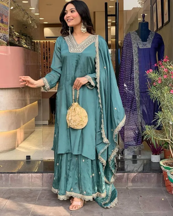 TEAL_CHINNON_SILK_SEQUENCE_EMBROIDERED_GHARARA_SALWAR_SUIT_WITH_DUPATTA