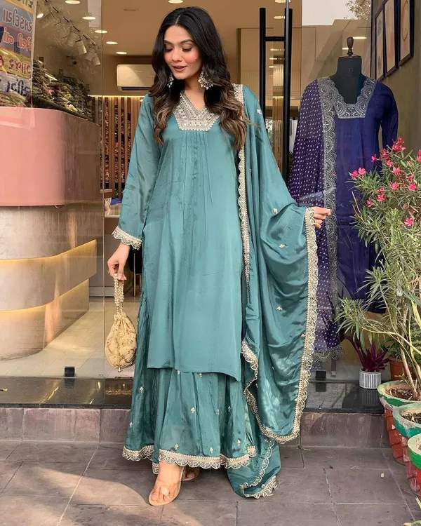 TEAL_CHINNON_SILK_SEQUENCE_EMBROIDERED_GHARARA_SALWAR_SUIT_WITH_DUPATTA
