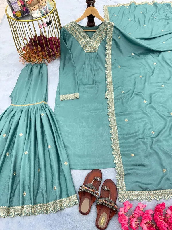 TEAL_CHINNON_SILK_SEQUENCE_EMBROIDERED_GHARARA_SALWAR_SUIT_WITH_DUPATTA