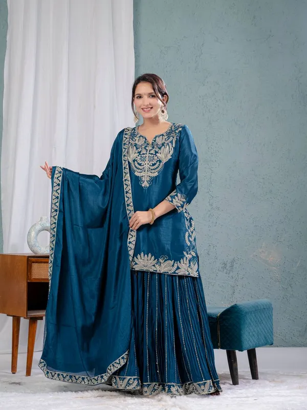 Teal_Pure_Chinnon_Silk_Embroidered_Sharara_Salwar_Suit_With_Dupatta