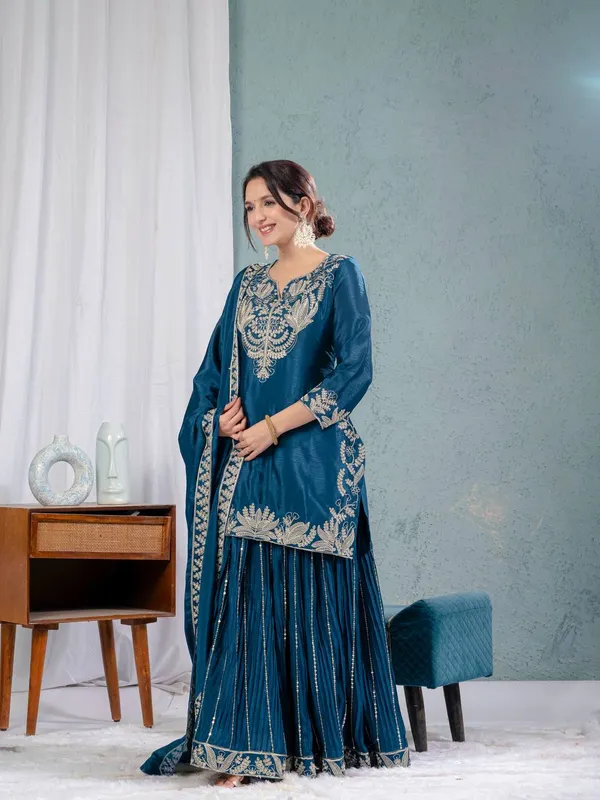Teal_Pure_Chinnon_Silk_Embroidered_Sharara_Salwar_Suit_With_Dupatta