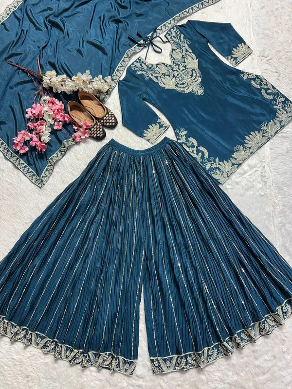 Teal_Pure_Chinnon_Silk_Embroidered_Sharara_Salwar_Suit_With_Dupatta