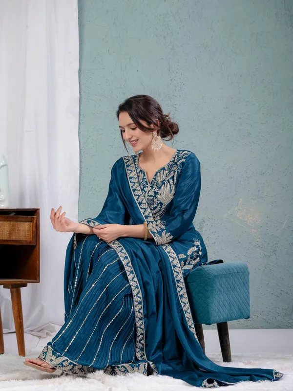 Teal_Pure_Chinnon_Silk_Embroidered_Sharara_Salwar_Suit_With_Dupatta