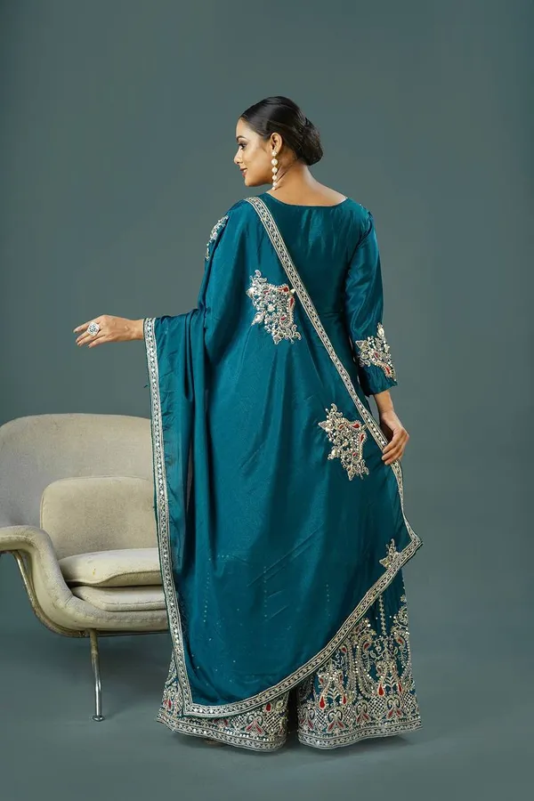 Teal_Pure_Chinnon_Silk_Embroidery_Coding_Dori-Sequence_Palazzo_Salwar_Suit_With_Duaptta