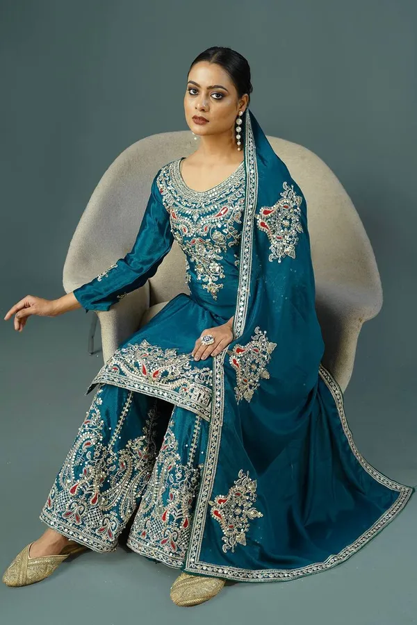 Teal_Pure_Chinnon_Silk_Embroidery_Coding_Dori-Sequence_Palazzo_Salwar_Suit_With_Duaptta