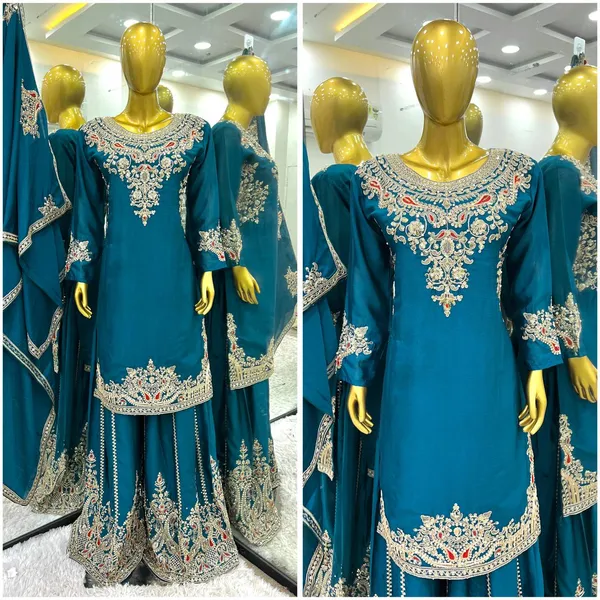 Teal_Pure_Chinnon_Silk_Embroidery_Coding_Dori-Sequence_Palazzo_Salwar_Suit_With_Duaptta
