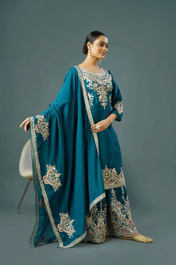 Teal_Pure_Chinnon_Silk_Embroidery_Coding_Dori-Sequence_Palazzo_Salwar_Suit_With_Duaptta