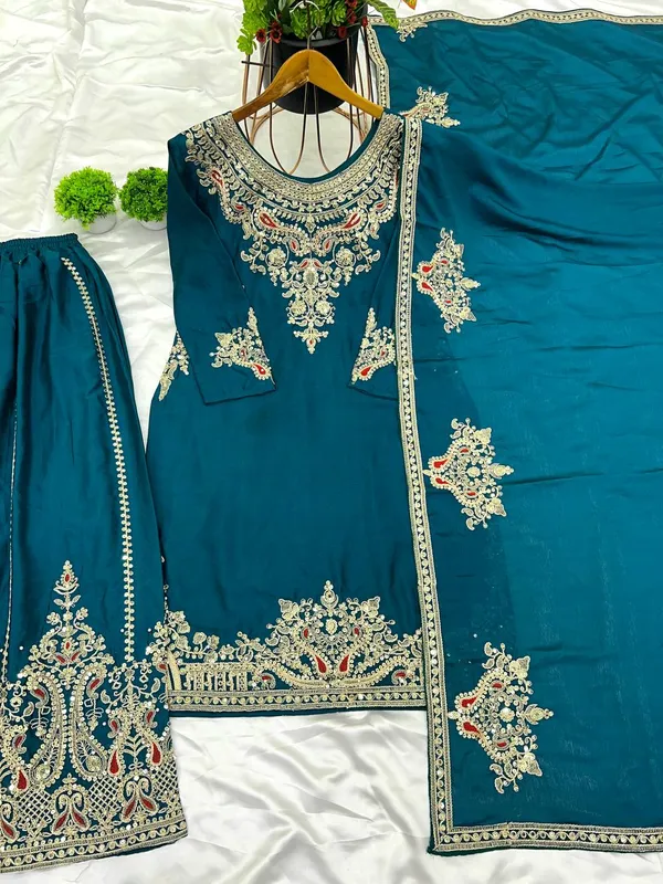 Teal_Pure_Chinnon_Silk_Embroidery_Coding_Dori-Sequence_Palazzo_Salwar_Suit_With_Duaptta