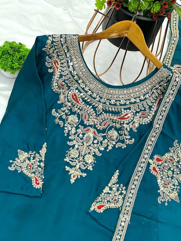 Teal_Pure_Chinnon_Silk_Embroidery_Coding_Dori-Sequence_Palazzo_Salwar_Suit_With_Duaptta