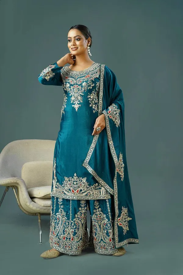 Teal_Pure_Chinnon_Silk_Embroidery_Coding_Dori-Sequence_Palazzo_Salwar_Suit_With_Duaptta