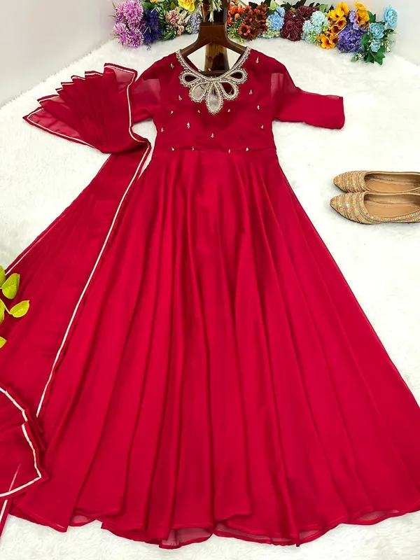 Red_New_Party_Wear_Look_Rangoli_Georgette_Gown_With_Dupatta_(Set_Of_2_Piece)