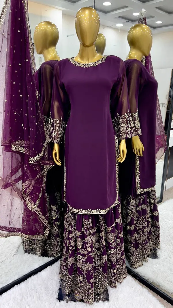 WINE_FAUX_GEORGETTE_SEQUENCE_EMBROIDERED_SHARARA_SALWAR_SUIT_WITH_DUPATTA