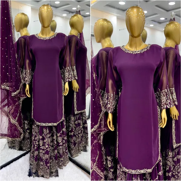 WINE_FAUX_GEORGETTE_SEQUENCE_EMBROIDERED_SHARARA_SALWAR_SUIT_WITH_DUPATTA