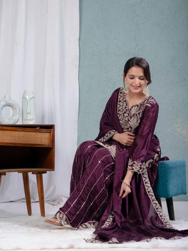 Wine_Pure_Chinnon_Silk_Embroidered_Sharara_Salwar_Suit_With_Dupatta