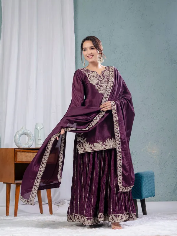 Wine_Pure_Chinnon_Silk_Embroidered_Sharara_Salwar_Suit_With_Dupatta