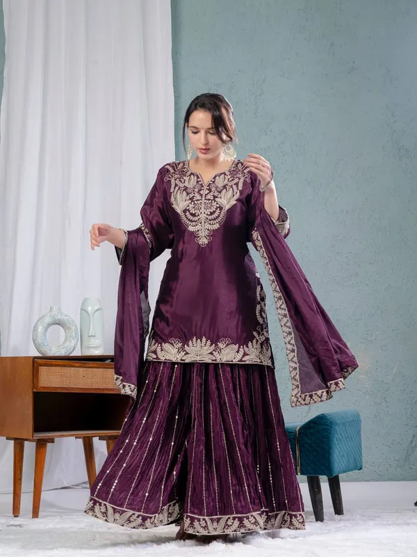 Wine_Pure_Chinnon_Silk_Embroidered_Sharara_Salwar_Suit_With_Dupatta
